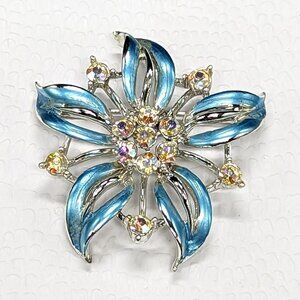 Vintage Signed STAR Silver & Blue Enamel Rhinestone Floral Brooch Pin